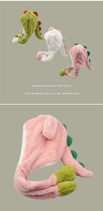 Detailed plush texture of cartoon dinosaur hair drying caps in pink, green and white