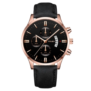 Men's chronograph watch with rose gold case, black dial, and leather strap on white background