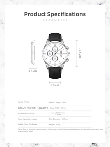 Detail view of the silver alloy case and black leather strap with precise size dimensions