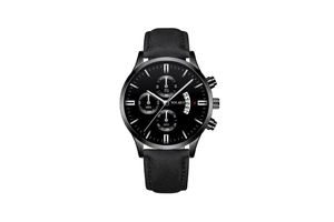 Macro view of Yolako black quartz watch face with triple sub-dials and date window