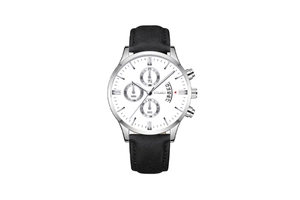 Close-up of Yolako chronograph watch dial with silver case and black leather strap
