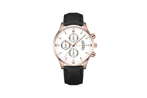 Detail view of the chronograph watch face with date window and rose gold metal case