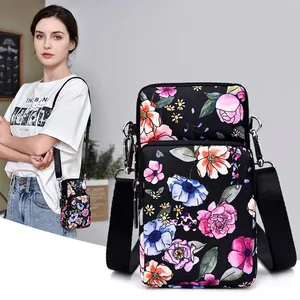 Mini Crossbody Mobile Phone Bag Women Floral Print Oxford Cloth Multi Layer Zipper Pockets Water Resistant Arm Bag