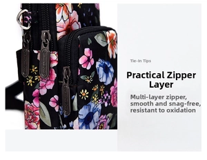 Detail of floral crossbody bag featuring three high-quality metal zippers and layered pockets