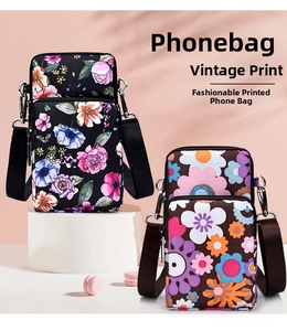 Detail showing two floral and geometric pattern nylon phone bags with double zip closure