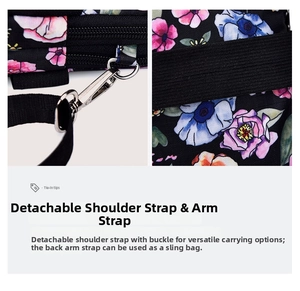 Detail of the detachable metal buckle and elastic armband on the floral mini bag