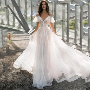 Elegant White Wedding Dress Lace Sequin Tulle V-Neck Off-Shoulder Spaghetti Strap Plus Size Bridal Gown A-Line Maxi
