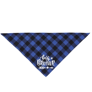 Detailed view of the blue buffalo plaid pet bandana with white big BROTHER print