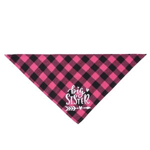 Detail of pink plaid pet bandana with white big SISTER text and heart icons