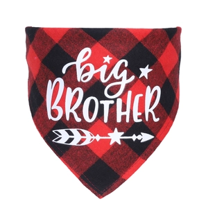 Detail of red and black buffalo plaid cotton dog bandana with white big BROTHER print