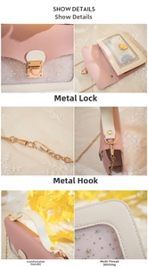 Detail view of pink crossbody bag featuring star prints, metal lock, and gold chain strap