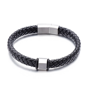 Bracelet tressé pour homme en cuir noir avec fermoir magnétique en acier inoxydable et billes