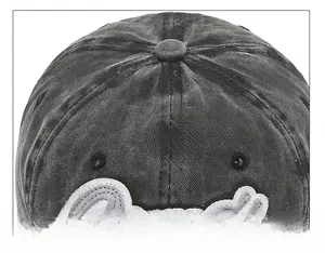 Détail d'une casquette grise en coton délavé montrant le bouton et les œillets