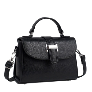 Elegant black pebbled leather handbag with silver buckle and detachable shoulder strap
