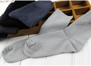 Detailed knit texture of breathable bamboo fiber crew socks in black, blue, and grey