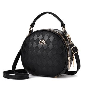Classic black round crossbody bag with quilted PU leather and gold-tone hardware detail