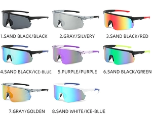 Matrix display of cycling sunglasses in eight color options with anti-slip temples