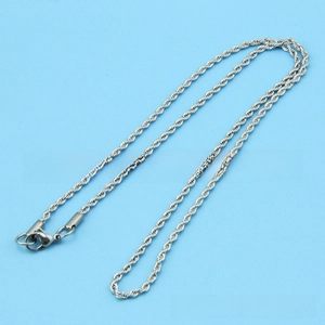 Close-up of a silver stainless steel rope chain with a classic lobster clasp closure