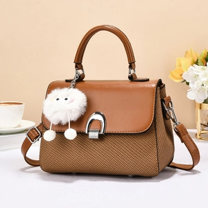 Women Patchwork Shoulder Bag PU Leather Woven Texture Handbag With Plush Charm Adjustable Strap Square Shape