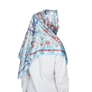 Blue Paisley silk headscarf for women featuring vintage floral patterns in 90x90cm size