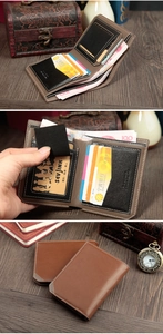 Detailed view of brown leather wallet with multiple card slots and currency compartments