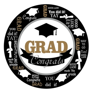 Macro-weergave van afstudeersticker met gouden Congrats Grad-banner en afstudeerhoed