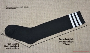 Black tube socks with three white stripes showing 34cm tube height and 19cm foot length