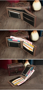 Detail view of men's bifold leather wallet with multi-card slots and photo window