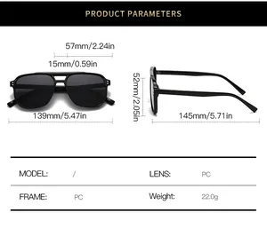 Detailed size guide for double beam square sunglasses with full frame dimensions in mm