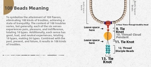 Detailed diagram of 108 Bodhi seed prayer beads showing Buddhist head and tassel knots