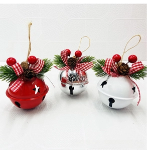 Three Christmas metal bells set with plaid bows, pine cones and needles hanging decor