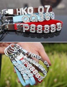 Customized 8mm rhinestone letters on leather strap keychain with metal buckle detail