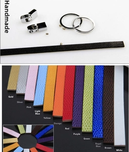 Detail showing 12 colors of faux leather straps and metal buckles for DIY bracelet making