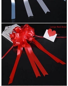 Detail of a large red double-layer spherical pull bow with glossy ribbon and streamers