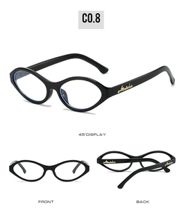 Three-angle display of black cat eye glasses with gold Airisha logo on temple