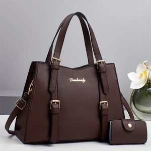 Women Handbag Tote PU Leather Lychee Pattern Large Capacity Decorative Belt Gold Hardware Crossbody Shoulder Bag Matching Card Purse