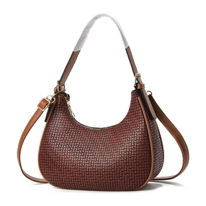 Brown monogram half-moon shoulder bag with adjustable strap and textured pattern