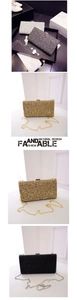Detail of glitter evening clutch bags in multiple colors with metallic chain straps