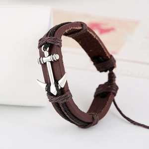 Vintage multilayer woven brown leather anchor bracelet with silver pendant for couples