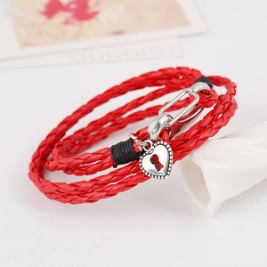 Retro multi-layer red braided leather bracelet with silver heart lock charm and carabiner clasp