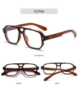 Three-view display of C5 TEA retro square double-bridge glasses frame with gold rivets
