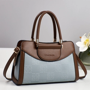 Minimalist brown and light blue panelled tote bag with G-matrix pattern and gold hardware
