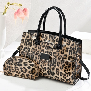 Brown leopard print glossy patent leather tote bag with small matching pouch set
