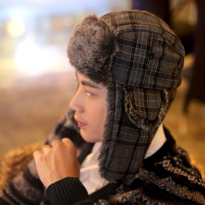 New Men'S Winter Lei Feng Thickened Hat British Style Fashion Plaid Hat Wool Thick Warm Korean Style