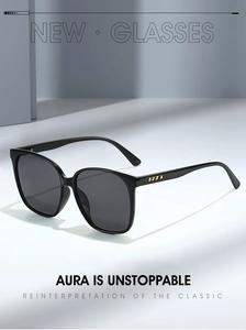 Detail view of retro square frameless sunglasses with colored stripe decor on the temple