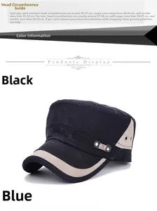 Detail of black cotton flat top army cap with metal eyelets and red label branding