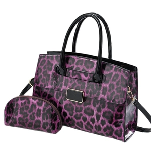 Chic purple leopard print handbag and pouch set with shiny finish and black handles