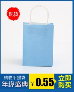 Front view of a light blue kraft paper shopping bag with white twisted rope handles