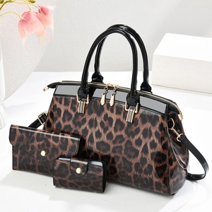 3-piece leopard print patent leather tote bag set with matching wallet and card holder