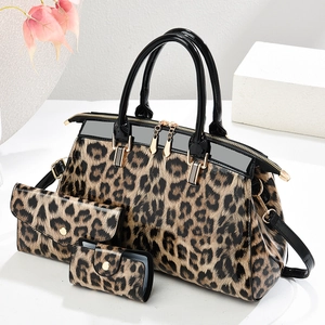 3-piece set with leopard print patent leather handbag, clutch and card holder for women